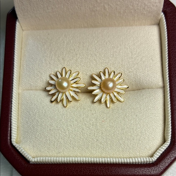 Handmade Jewelry - Gold Floral Pearl Stud Earrings | Sterling Silver Posts | Christmas Gift for Her